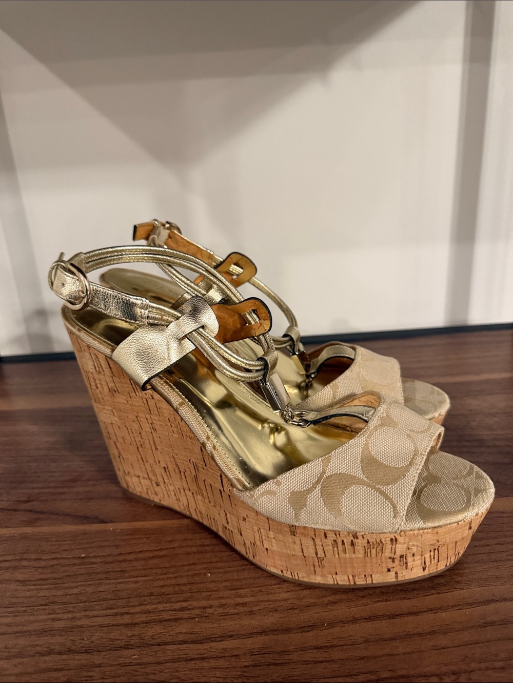 Coach Signature Canvas Cork Wedge Sandals with Gold Accents